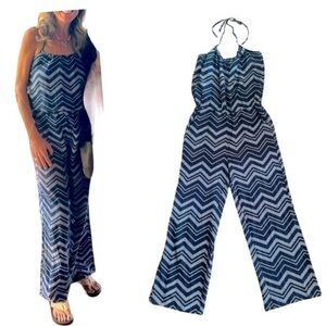 Appraisal Navy Blue Herringbone Halter Wide Leg Jumpsuit Size Medium